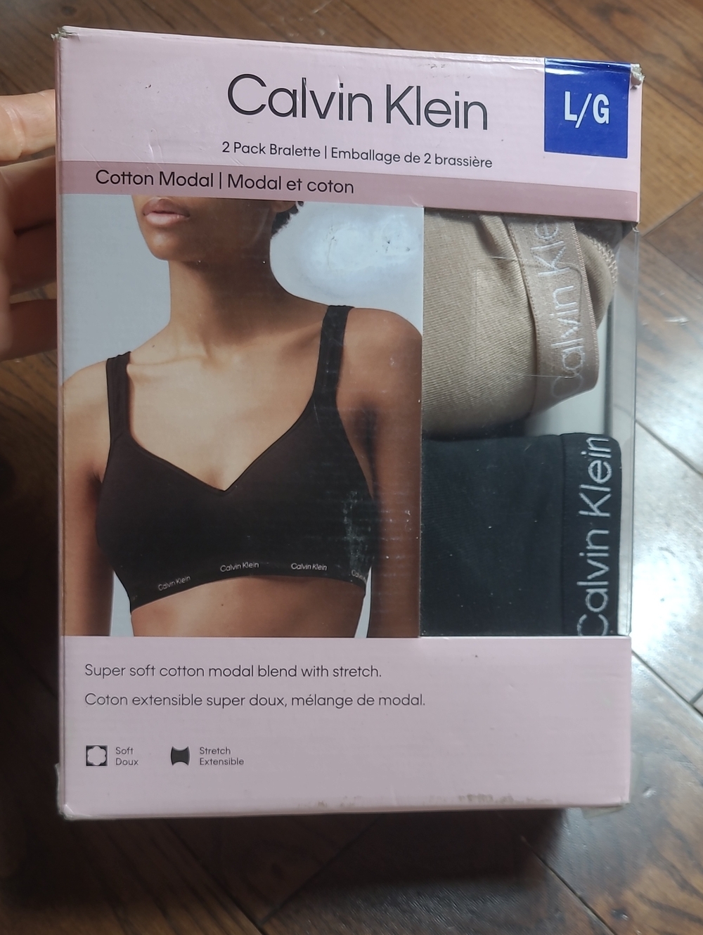 New Calvin Klein 2-Pack Super Soft Cotton Modal Bralettes - Black & Beige Size L